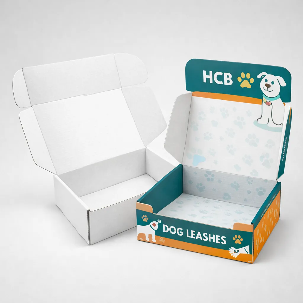 Two open mailer boxes, one plain and one featuring dog-themed graphics and a teal interior lid. class=